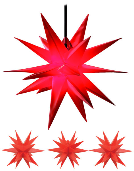 Dekostern 4er Set 1x Groß und 3x Mini Rot 18 Zack Kunststoffstern Leuchtender Stern Innen + Außen Weihnachtsdekoration