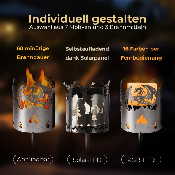 Gartenfackel für draußen Motiv Eule - Rost - Set: Gartenbeleuchtung mit 3x Brennelemente - Holzspäne mit Wachs - Schwedenfackel Pelletfackel Feuersäule Flammschalen Wachsfackel Gartenleuchte