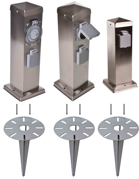 Novatool Steckdosensäule I 2 fach + 4 Fach + Zeitschaltuhr I Silber gebürstet I Edelstahl I eckig I mit Erdspieß I  Garten Mehrfachsteckdose Outdoor Steckdosenleiste Stromverteiler Außen (Elektro)