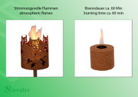 Gartenfackel für draußen Motiv Feuer - Rost - Set: Gartenbeleuchtung mit 2x Brennelemente - Holzspäne mit Wachs - Schwedenfackel Pelletfackel Feuersäule Flammschalen Wachsfackel Gartenleuchte