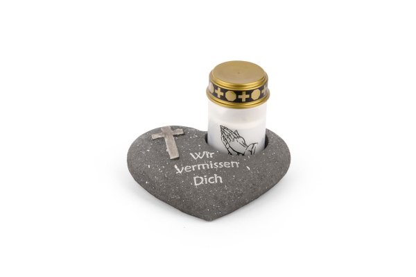 Novaliv Grabschmuck Herz Anthrazit mit Kreuz Spruch Wir vermissen Dich inkl. LED Grablicht Weiß Grabdeko Grabherz Wetterfest Grabdekoration Gedenkstein Teelichthalter Trauerstein