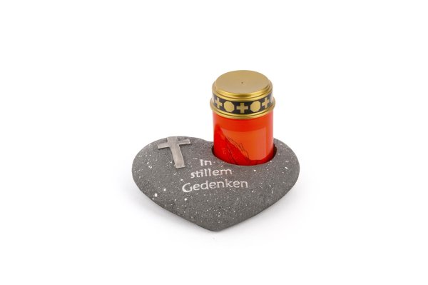 Novaliv Grabschmuck Herz Anthrazit mit Kreuz Spruch In stillem Gedenken inkl. LED Grablicht Rot Grabdeko Grabherz Wetterfest Grabdekoration Gedenkstein Teelichthalter Trauerstein