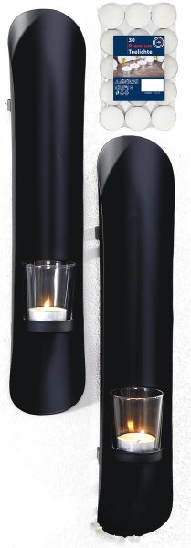 Novaliv 2x Wandkerzenhalter + 30x Teelichter 6 x 41,5 x 7,5 cm Schwarz Teelichterhalter aus Metall mit Glas Kerzenhalter Dekoration Wanddeko Vintage Deko Teelicht Wandhalter