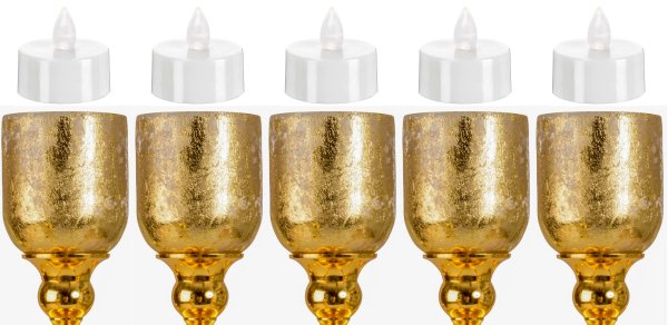 Novaliv 5X Teelichtaufsatz Gold Ø 7 cm mit 5 LED Teelichtern Glasaufsatz für Kerzenleuchter Kerzenständer Glas Adventskranz Teelichthalter Stabkerzenhalter Weihnachten Adventskerzenhalter Teelicht