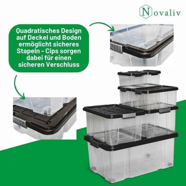 Novaliv 4x Unterbettboxen Mit Deckel – 28 Liter, Transparent/anthrazit, Mit Rollen 61x40x18 Cm