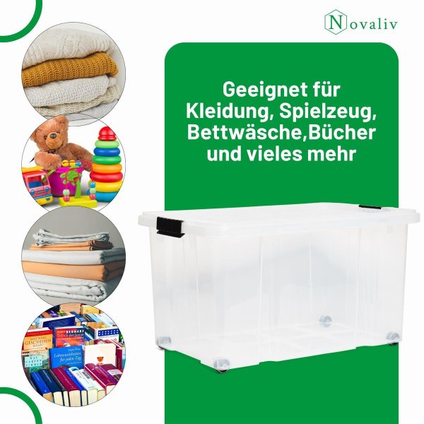 Novaliv Aufbewahrungsbox 55L – Groß & Transparent – Stapelbare
