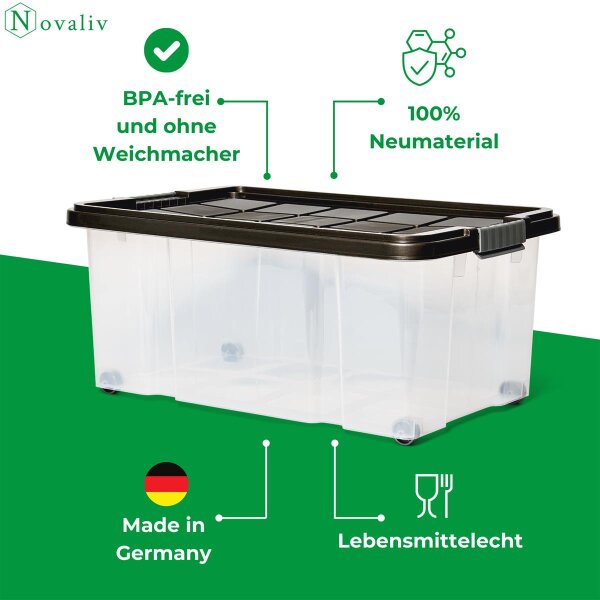 Novaliv 2x Euroboxen Mit Deckel & Rollen – 45 Liter, 61x40x27 Cm, Transparent/anthrazit, Stapelbar