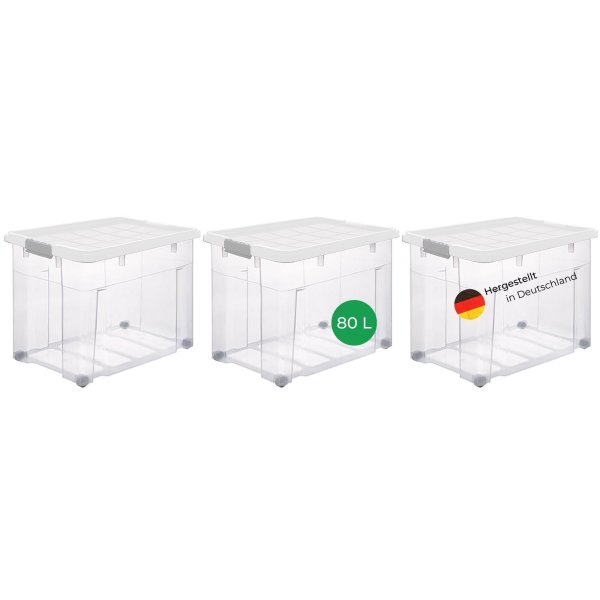 Novaliv 3x Aufbewahrungsboxen mit Deckel Rollen 80l 61x40x46 transparent Transparent Kunststoffbox mit Deckel Stapelkiste Verstauboxen Spielzeugkisten Stapelbox