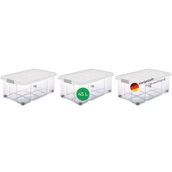 Novaliv 3x Aufbewahrungsboxen mit Deckel Rollen 45l 61x40x27 transparent Transparent Kunststoffbox mit Deckel Stapelkiste Verstauboxen Spielzeugkisten Stapelbox