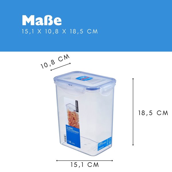LocknLock Dose HPL813 Vorratsdose - Frischhaltedose 1,8 Liter - Maße (LxBxH): 151 x 108 x 185 mm - Geeignete Dosen zum Einfrieren und Mikrowelle - Lock and Lock Dosen Food Box Meal-Prep-Boxen