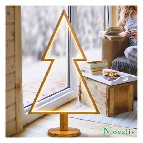Novaliv LED Tannenbaum Lampe 90 x 50 cm Naturholz Standlampe Wohnzimmer LED Warmweiß Baum beleuchtet innen - Innendeko Stehlampe Fensterdeko für Weihnachtszeit Weihnachtsbeleuchtung
