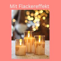 Kleine LED Stumpenkerze mit Timer im Glas Gold 7,5cm Ø 10cm Höhe 2 AA Batterien nötig LED Echtwachskerze mit Flackereffekt flammenlose Stumpenkerze LED Kerze Kerzenlicht warmweiß Wachs Weiß