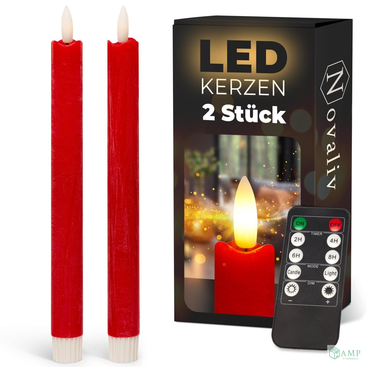 LED Stabkerzen Timer 23cm Echtwachs Rot - Flackernde Flamme