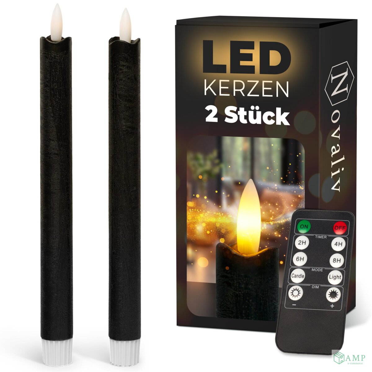 Schwarze LED Stabkerzen 23cm mit Timer & Flackernde Flamme