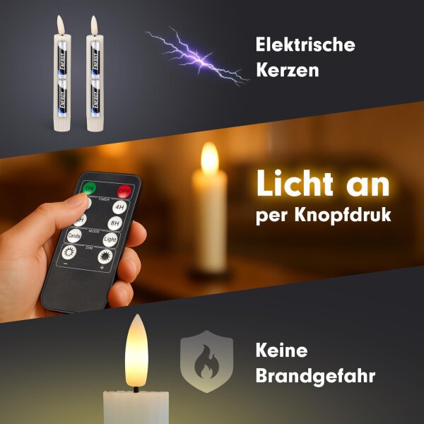 Schwarze LED Stabkerzen 23cm mit Timer & Flackernde Flamme
