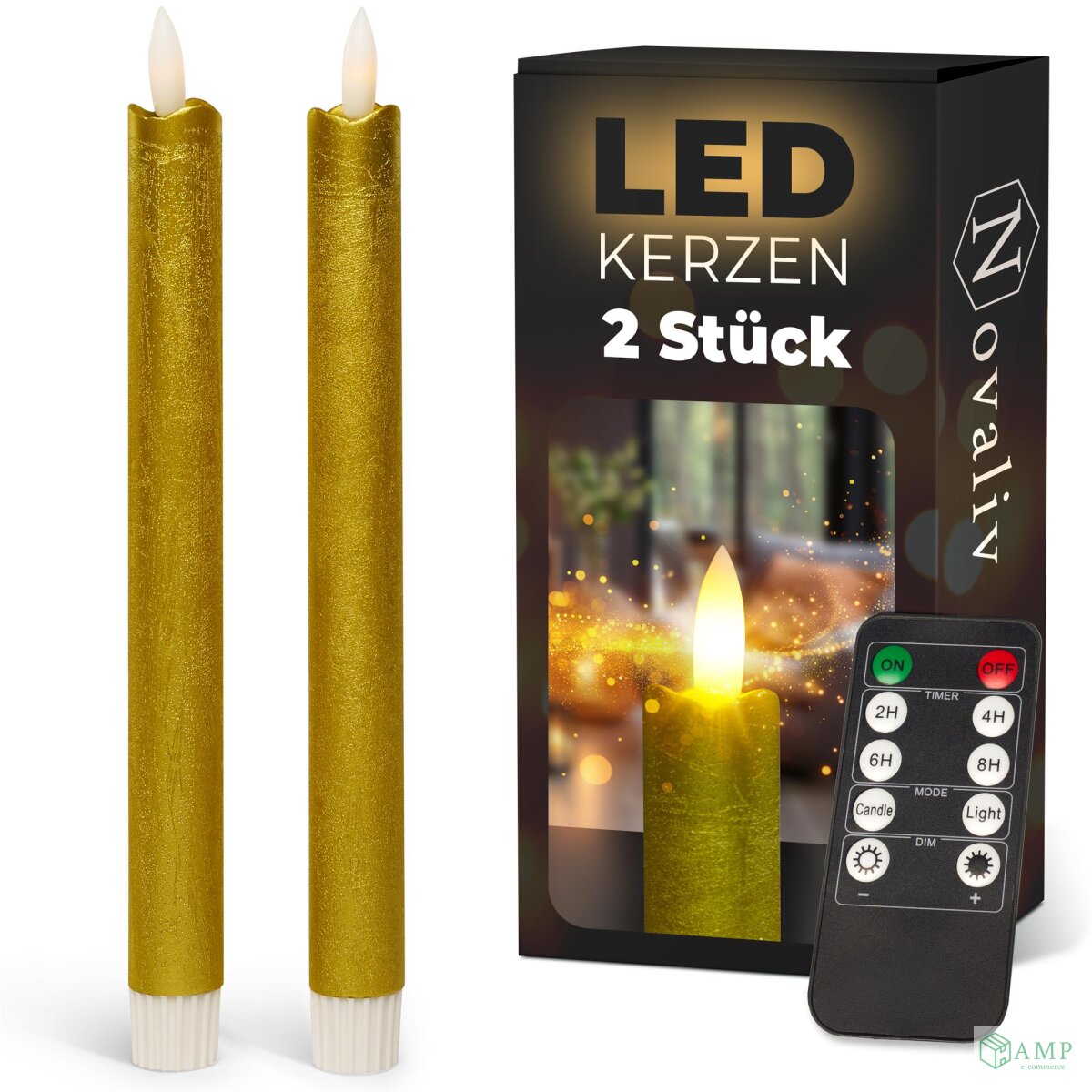 LED Stabkerzen Timer GOLD – Echtwachs 23cm, Flackernde Flamme