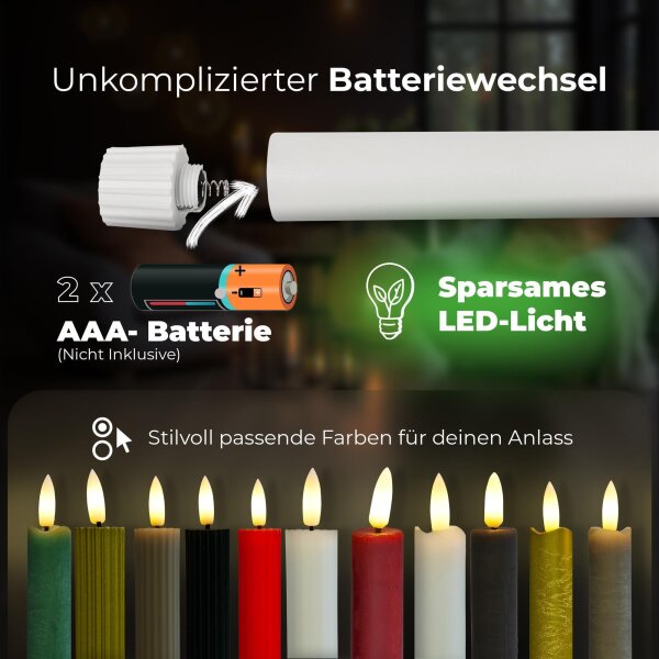 LED Stabkerzen Timer GOLD – Echtwachs 23cm, Flackernde Flamme