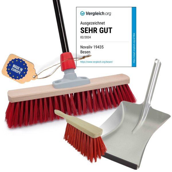 Novaliv Straßenbesen mit Stiel 40 cm Elaston Borsten inkl. Kehrgarnitur verzinkt bestehend aus Kehrblech und Handfeger Ideal als Gartenbesen Terassenbesen Hofbesen Stallbesen Kehrbesen Outdoor broom