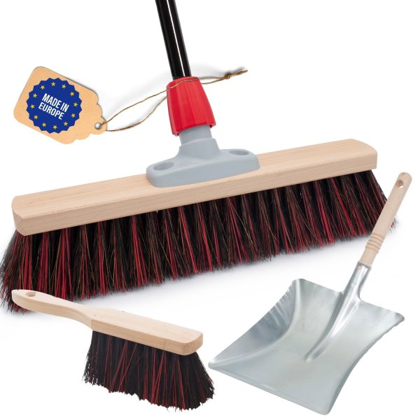 Novaliv Straßenbesen mit Stiel 40 cm Arenga-Elaston Borsten inkl. Kehrgarnitur schwarz bestehend aus Kehrblech und Handfeger Ideal als Gartenbesen Terassenbesen Stallbesen Kehrbesen Outdoor broom