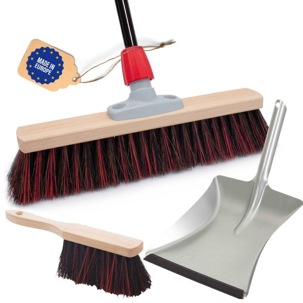Novaliv Straßenbesen mit Stiel 40 cm Arenga-Elaston Borsten inkl. Kehrgarnitur verzinkt bestehend aus Kehrblech und Handfeger Ideal als Gartenbesen Terassenbesen Hofbesen Kehrbesen Outdoor broom