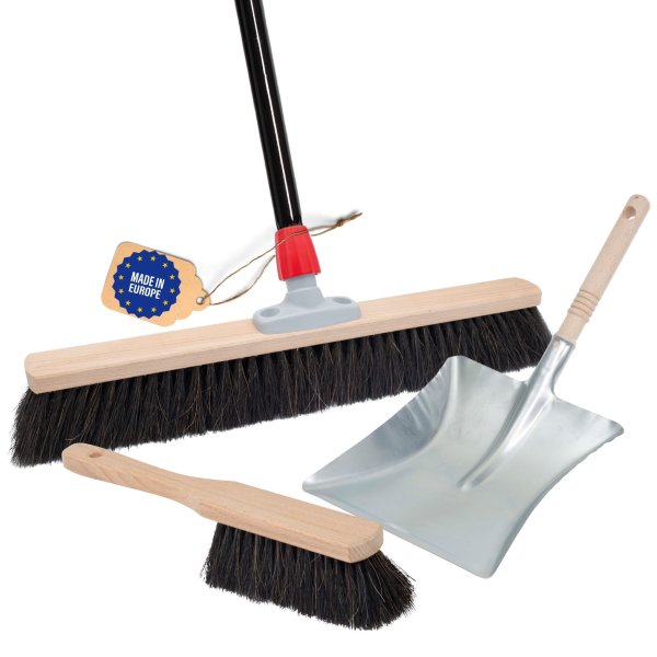 Novaliv Besen 50 cm mit Stiel Saalbesen Rosshaarbesen inkl. Kehrgarnitur verzinkt bestehend aus Kehrblech und Handfeger besen fein Ideal als Werkstattbesen Hallenbesen Hausbesen mit Stiel