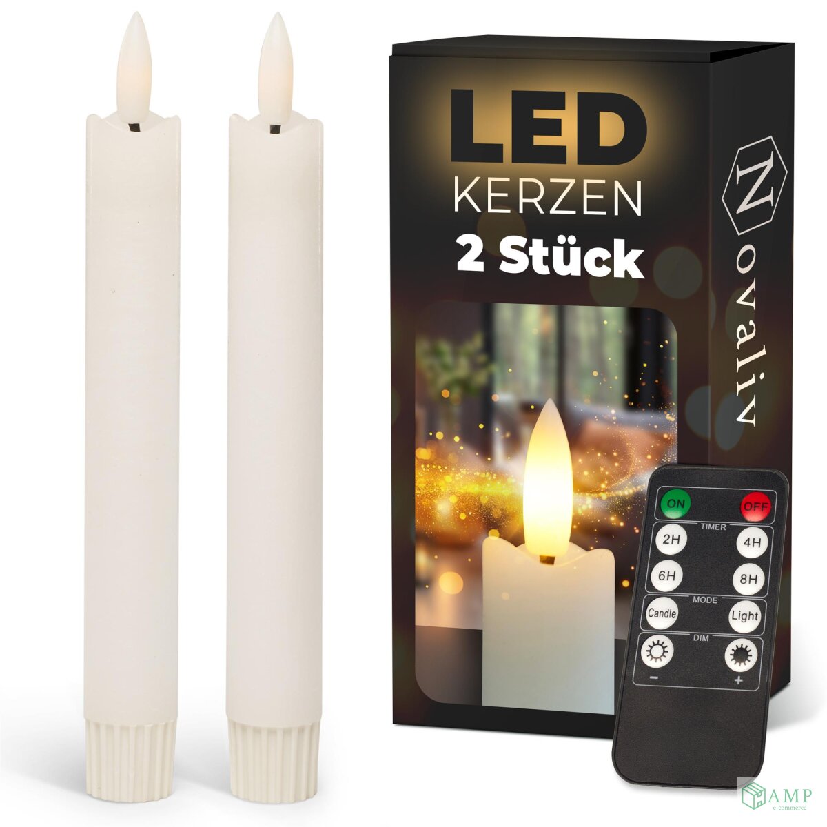 LED Stabkerzen Timer 6h Weiß Echtwachs 18cm - AMP GmbH