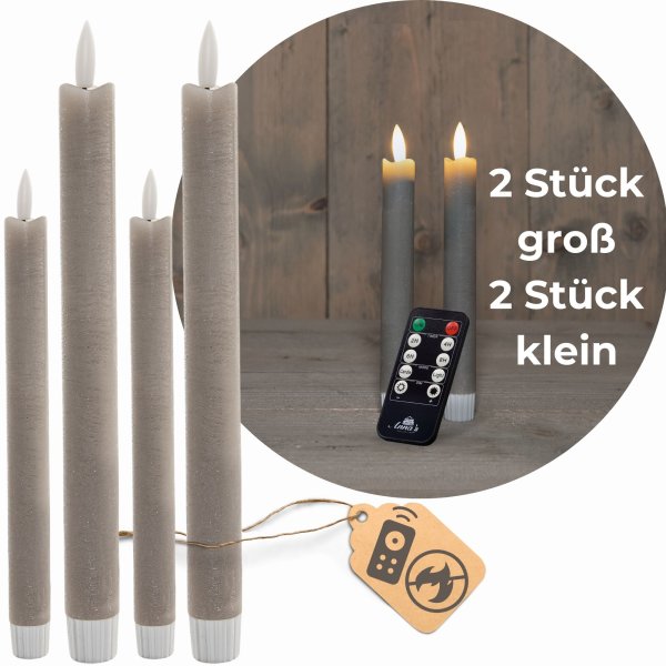 Sparset Stabkerzen LED mit Timer Klein+Groß TAUPE GRAU 4 Stück indoor - 6 Stunden ECHTWACHS 18cm+23cm Höhe für Kerzen 2,2cm Durchmesser 2 AAA Batterien notwendig LED Stabkerzen flackernde Flamme