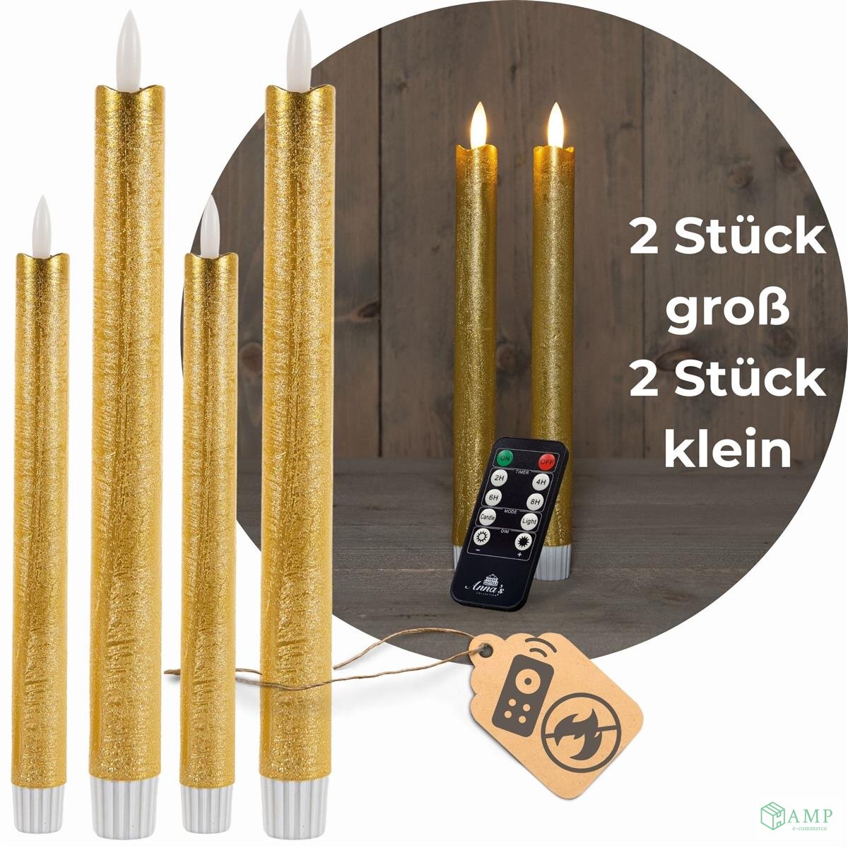 LED Stabkerzen Gold Timer 6h Echtwachs Sparset 4 Stk. - AMP GmbH