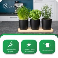 Novaliv Stilvolle Kräuterstation 3er Set mit Holzunterlage - Kräutertopf für jede Fensterbank, Für frische Küchenkräuter, Kräutergarten für die küche, Kräuterbeet indoor, Blumenkasten, Pflanzentopf