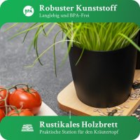 Novaliv Stilvolle Kräuterstation 3er Set mit Holzunterlage - Kräutertopf für jede Fensterbank, Für frische Küchenkräuter, Kräutergarten für die küche, Kräuterbeet indoor, Blumenkasten, Pflanzentopf