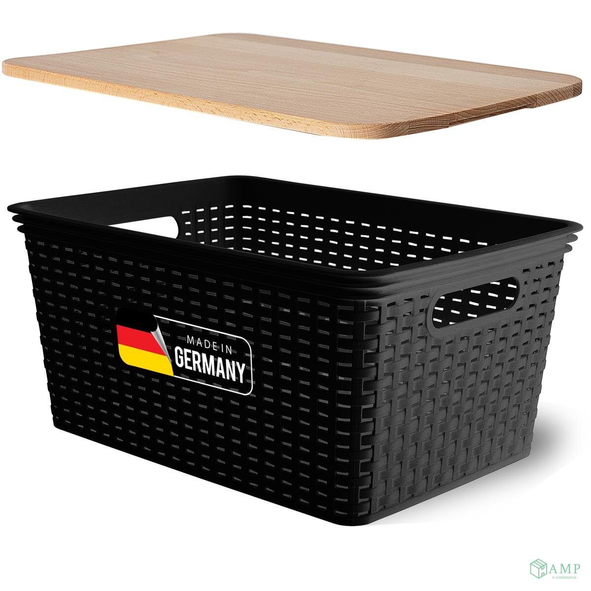 Novaliv Aufbewahrungsbox mit Holzdeckel Groß 14L Korb Schwarz in Rattan Design Lebensmittelecht Aufbewahrungskorb Stapelbox Nestbar Kunststoff BPA-frei Kiste Verstaubbox mit Deckel