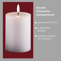 Kleine LED Stumpenkerze mit Timer weiß 7,5cm ø, 10cm H, Echtwachspiegel ON/OFF-Timer 6H, 2 AA Batterien nötig LED Echtwachskerze mit Flackereffekt flammenlose Stumpenkerze LED Kerze schmal und klein