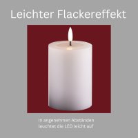 Kleine LED Stumpenkerze mit Timer weiß 7,5cm ø, 10cm H, Echtwachspiegel ON/OFF-Timer 6H, 2 AA Batterien nötig LED Echtwachskerze mit Flackereffekt flammenlose Stumpenkerze LED Kerze schmal und klein