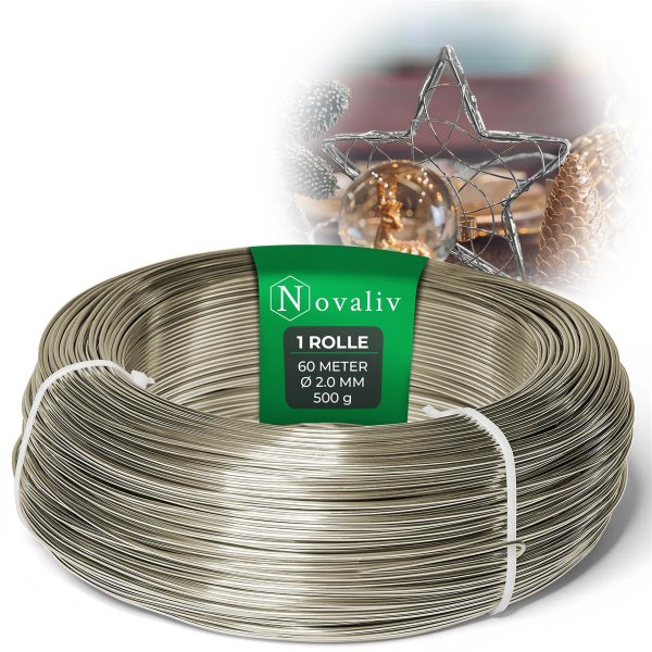Novaliv 60 Meter Aluminiumdraht 2mm Champagner, Basteldraht ideal als Biegedraht zum basteln, Vielseitig für DIY-Projekte und Dekorationen, 60m Rolle Dekodraht, Blumendraht, kein Schmuckdraht