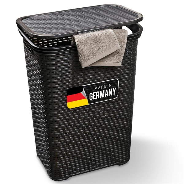 Novaliv Rattan Wäschekorb mit Deckel 60L Schwarz, Wäschebox Wäscheeimer Wäschebehälter modern für Bad Wäsche Schmutzwäsche, Wäschekörbe Schmutzwäschebehälter Wäschetonne Sammler Korb Box