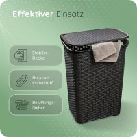 Novaliv Rattan Wäschekorb mit Deckel 60L Schwarz, Wäschebox Wäscheeimer Wäschebehälter modern für Bad Wäsche Schmutzwäsche, Wäschekörbe Schmutzwäschebehälter Wäschetonne Sammler Korb Box