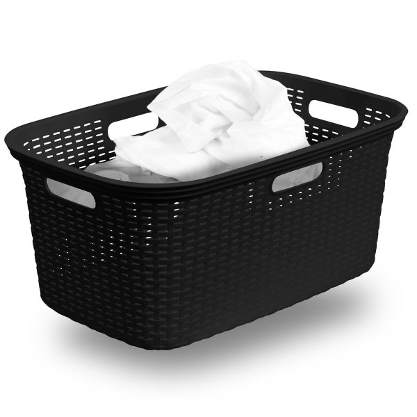 Novaliv Rattan Wäschekorb mit 4 Griffen 40L Schwarz, Wäschebox Set Wäscheeimer Wäschebehälter für Bad Wäsche Schmutzwäsche, Wäschekörbe Organizer Haushalt Zubehör Wäschetonne Sammler