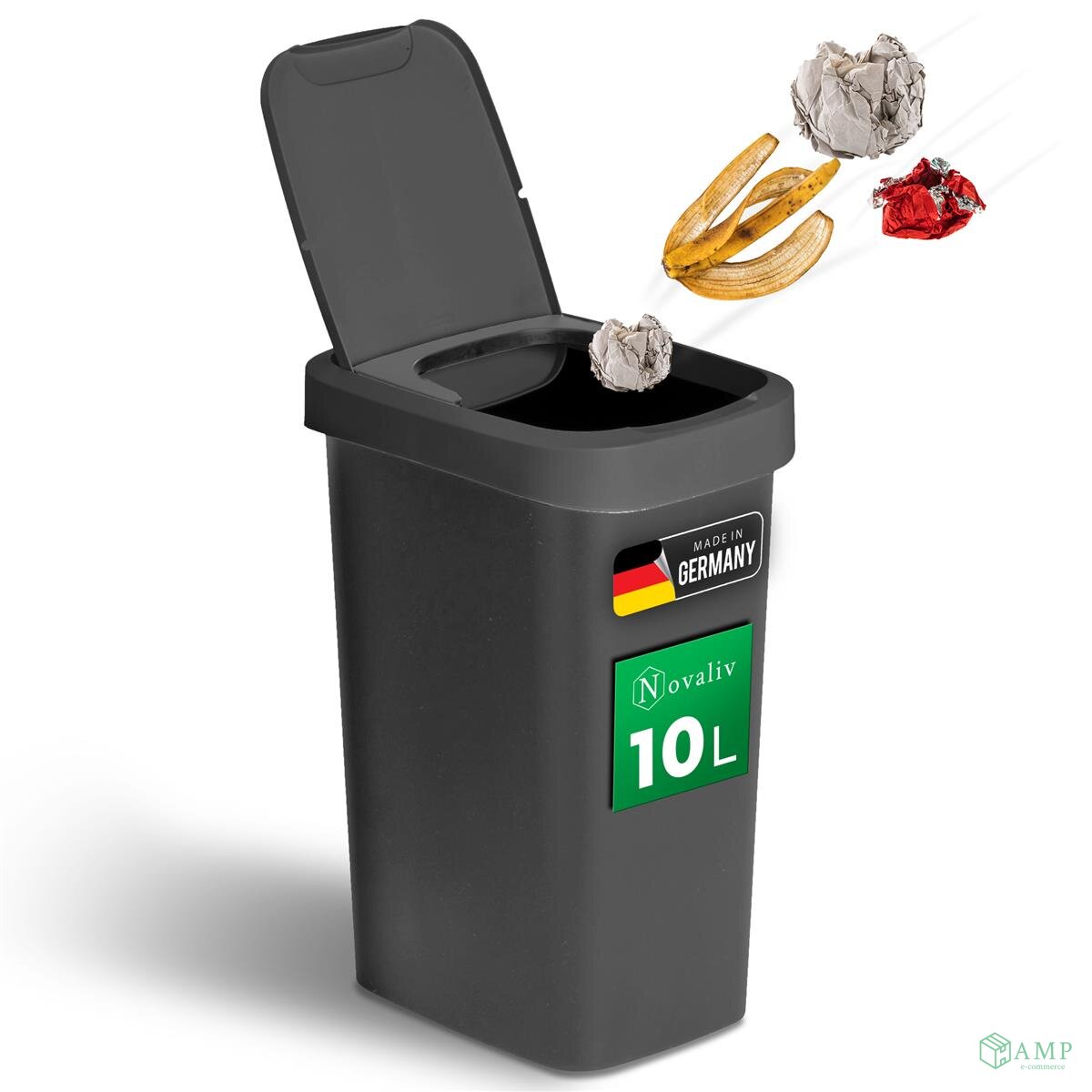 Novaliv Mülleimer 10L mit 2in1 Deckel, Klappdeckel & Schwingdeckel, S, 15,19 €