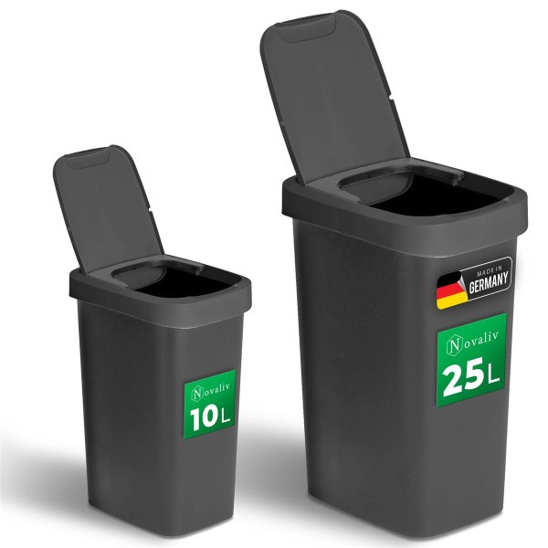 Novaliv Abfalleimer-Set 10L + 25L, Mülleimer mit 2in1 Deckel, Klappdeckel & Schwingdeckel, Anti-Geruch Mülleimer für Bad Küche Haushalt Büro, Müll Eimer Abfall Kunststoff Abfallbehälter