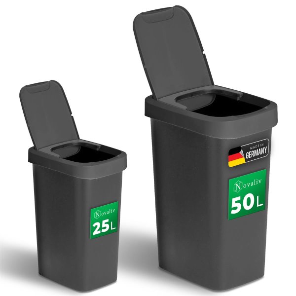 Novaliv Mülleimer-Set 25L + 50L, Abfalleimer mit 2in1 Deckel, Klappdeckel & Schwingdeckel, Anti-Geruch Mülleimer für Küche Haushalt Büro, Müll Eimer Abfall Trash Kunststoff Abfallbehälter